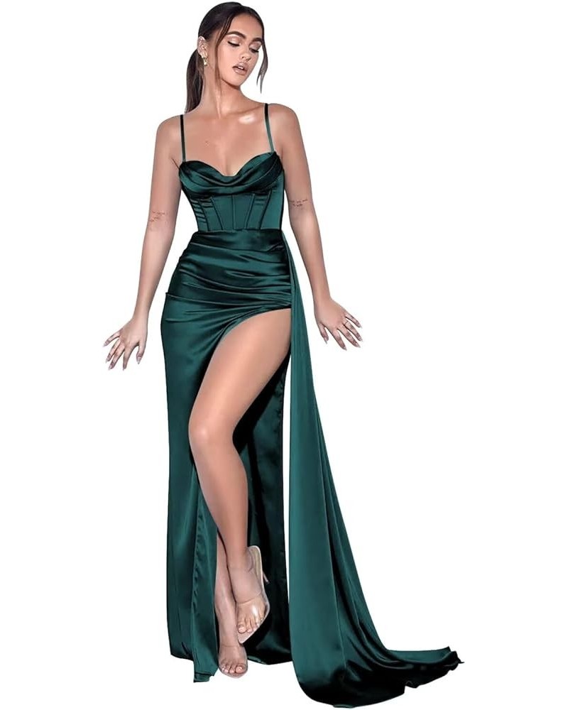 Spaghetti Straps Mermaid Prom Dresses Long Ball Gown Pleated Bridesmaid Dress Satin Formal Party Gown with Slit Teal $27.26 Bras