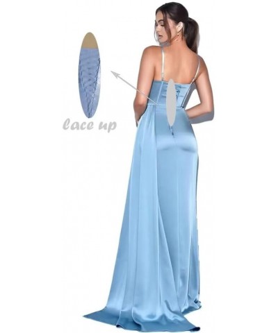 Spaghetti Straps Mermaid Prom Dresses Long Ball Gown Pleated Bridesmaid Dress Satin Formal Party Gown with Slit Teal $27.26 Bras