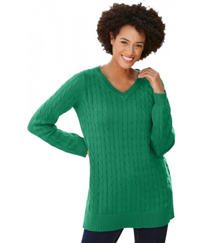 Women's Plus Size Cable Knit V-Neck Pullover Sweater Emerald $23.10 Sweaters