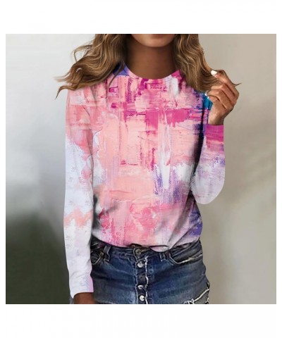 Womens Long Sleeve Shirts Retro Print Round Neck Top Dressy Casual Blouses Fashion Autumn Girls Clothes C- Pink $4.67 Blouses