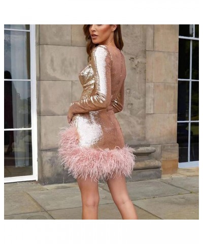 Women's One Shoulder Long Sleeve Sequin Feather Dresses Sexy Glitter Bodycon Mini Cocktail Party Club Dress 03 Pink $25.37 Dr...