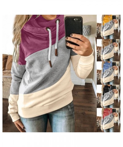 Womens Cowl Neck Pullover Hoodie, Casual Color Block Long Sleeve Drawstring Sweatshirt Jumper Tunic Tops Plus Size S-5XL 01-y...