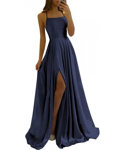 Women's Spaghetti Straps Prom Dresses 2024 with Pockets Long Satin Formal Ball Gown with Slit YG114 Navy Blue $30.10 Dresses