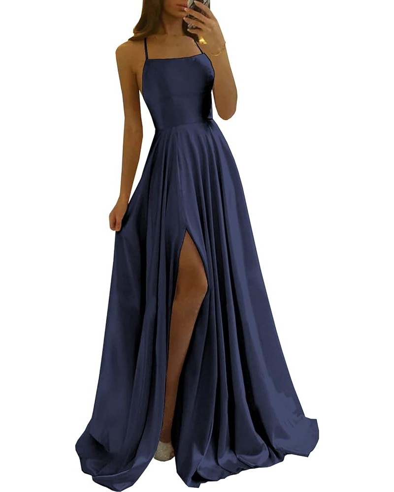 Women's Spaghetti Straps Prom Dresses 2024 with Pockets Long Satin Formal Ball Gown with Slit YG114 Navy Blue $30.10 Dresses