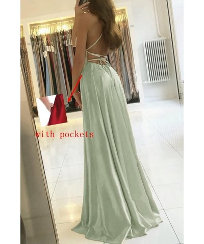 Women's Spaghetti Straps Prom Dresses 2024 with Pockets Long Satin Formal Ball Gown with Slit YG114 Navy Blue $30.10 Dresses