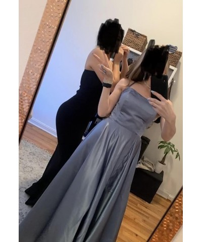 Women's Spaghetti Straps Prom Dresses 2024 with Pockets Long Satin Formal Ball Gown with Slit YG114 Navy Blue $30.10 Dresses