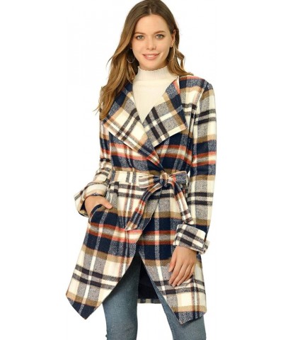 Women's Belted Wrap Outerwear Shawl Collar Asymmetric Hem Plaid Coat Brown Blue $22.44 Coats