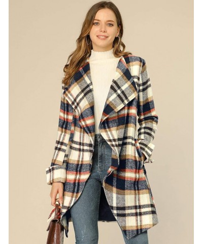 Women's Belted Wrap Outerwear Shawl Collar Asymmetric Hem Plaid Coat Brown Blue $22.44 Coats