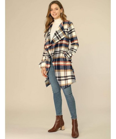 Women's Belted Wrap Outerwear Shawl Collar Asymmetric Hem Plaid Coat Brown Blue $22.44 Coats