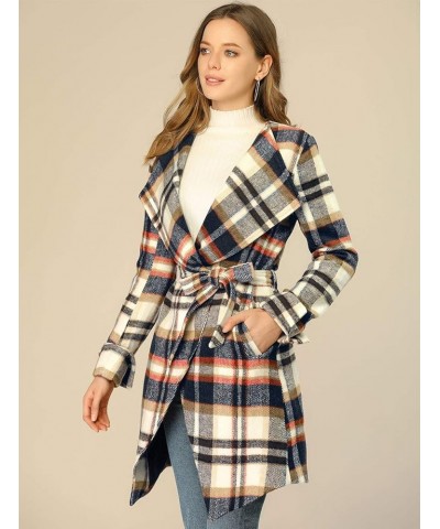 Women's Belted Wrap Outerwear Shawl Collar Asymmetric Hem Plaid Coat Brown Blue $22.44 Coats