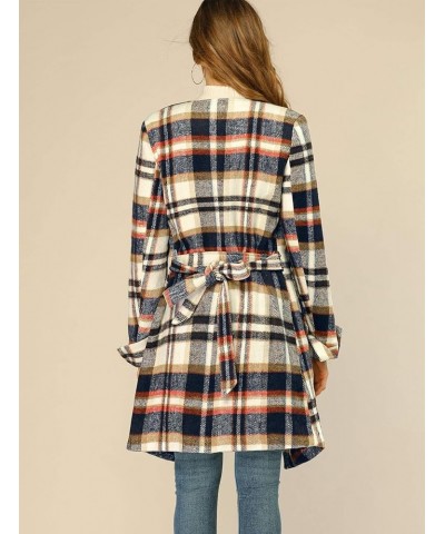 Women's Belted Wrap Outerwear Shawl Collar Asymmetric Hem Plaid Coat Brown Blue $22.44 Coats