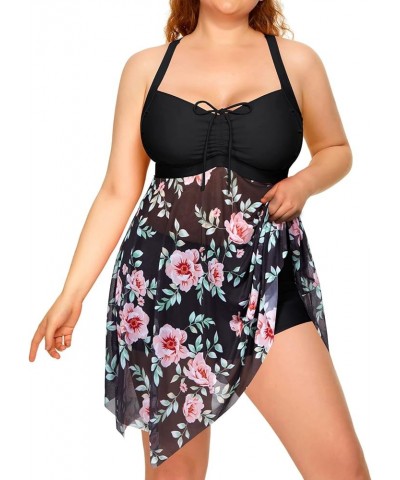 Plus Size Two Piece Swim Dress with Boyshorts for Women Mesh Swimsuits Flowy Bathing Suits Pink Floral and Black $22.61 Swims...