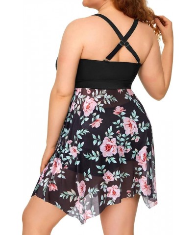 Plus Size Two Piece Swim Dress with Boyshorts for Women Mesh Swimsuits Flowy Bathing Suits Pink Floral and Black $22.61 Swims...