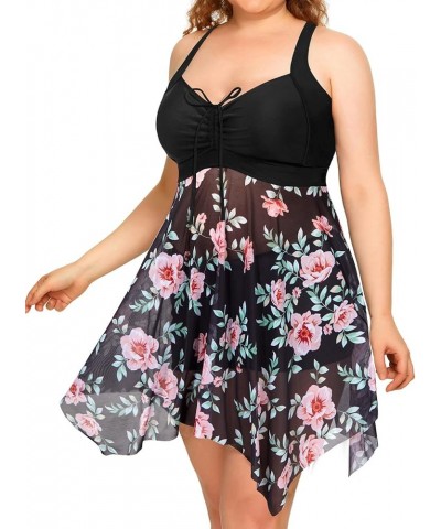 Plus Size Two Piece Swim Dress with Boyshorts for Women Mesh Swimsuits Flowy Bathing Suits Pink Floral and Black $22.61 Swims...