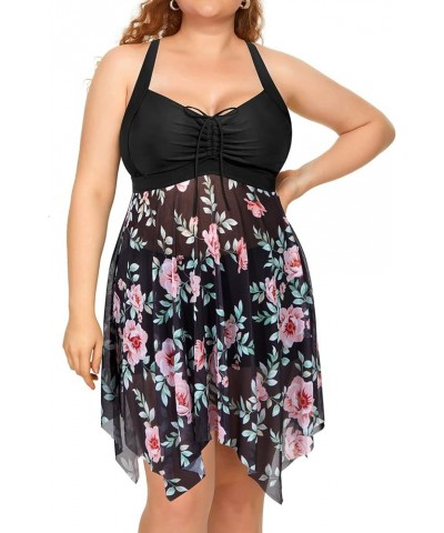 Plus Size Two Piece Swim Dress with Boyshorts for Women Mesh Swimsuits Flowy Bathing Suits Pink Floral and Black $22.61 Swims...