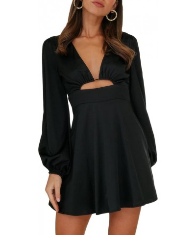 Women's Satin Long Sleeve Cut Out Mini Dress Silk Lantern Sleeve V Neck A-line Sexy Cocktail Short Dress for 2023… Black $27....