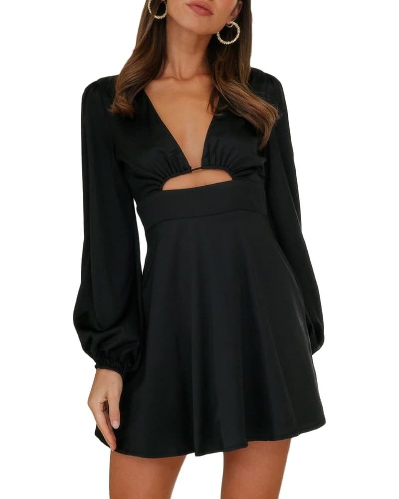 Women's Satin Long Sleeve Cut Out Mini Dress Silk Lantern Sleeve V Neck A-line Sexy Cocktail Short Dress for 2023… Black $27....