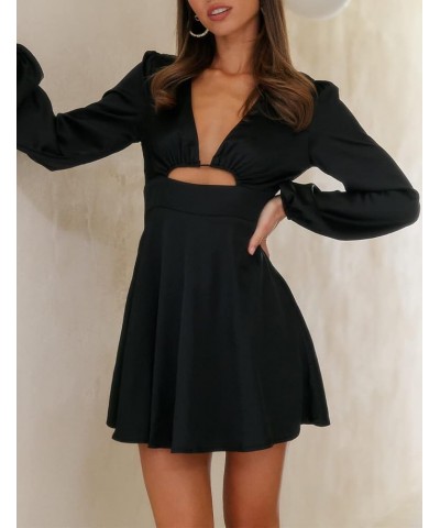 Women's Satin Long Sleeve Cut Out Mini Dress Silk Lantern Sleeve V Neck A-line Sexy Cocktail Short Dress for 2023… Black $27....