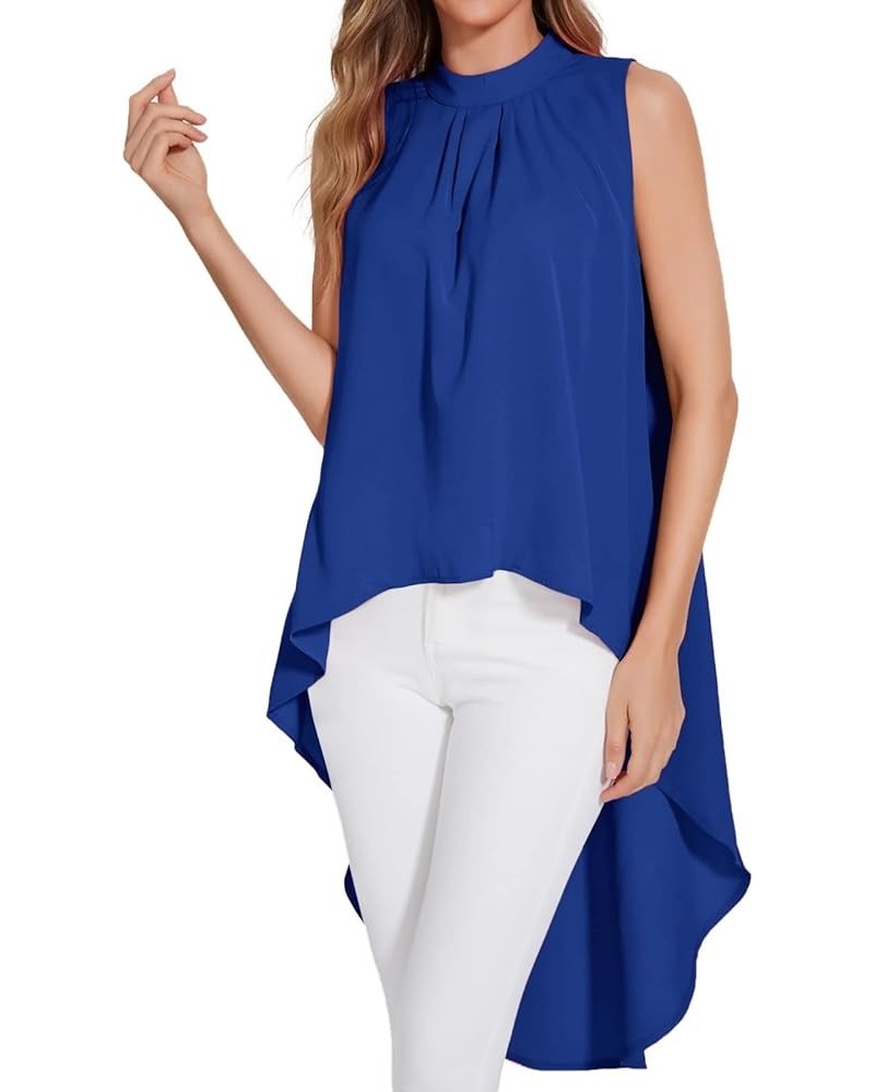 Women's Asymmetrical High Low Sleeveless Mock Neck Flowy Blouse Tops Royal Blue $14.52 Blouses