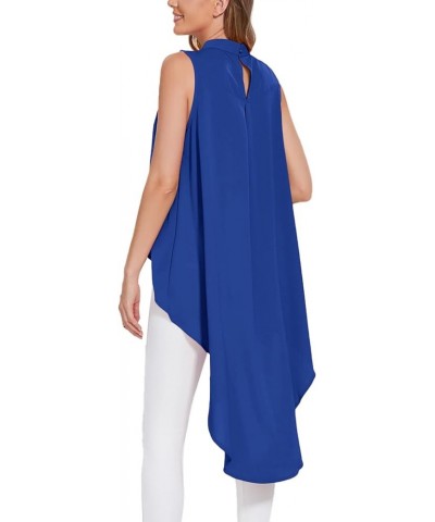 Women's Asymmetrical High Low Sleeveless Mock Neck Flowy Blouse Tops Royal Blue $14.52 Blouses