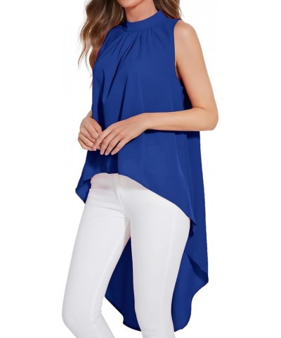 Women's Asymmetrical High Low Sleeveless Mock Neck Flowy Blouse Tops Royal Blue $14.52 Blouses