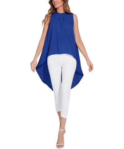 Women's Asymmetrical High Low Sleeveless Mock Neck Flowy Blouse Tops Royal Blue $14.52 Blouses