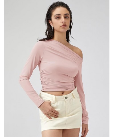 Women Off The Shoulder Long Sleeve Going Out Crop Tops Sexy Tee Shirt Spring Ruched Y2K Clothes Pink $16.52 T-Shirts