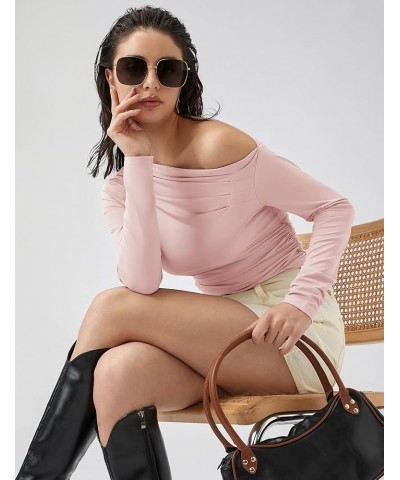 Women Off The Shoulder Long Sleeve Going Out Crop Tops Sexy Tee Shirt Spring Ruched Y2K Clothes Pink $16.52 T-Shirts
