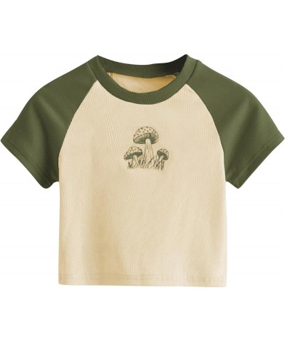 Women's Graphic Print Round Neck T Shirt Short Sleeve Crop Tee Tops Green Beige $14.69 T-Shirts