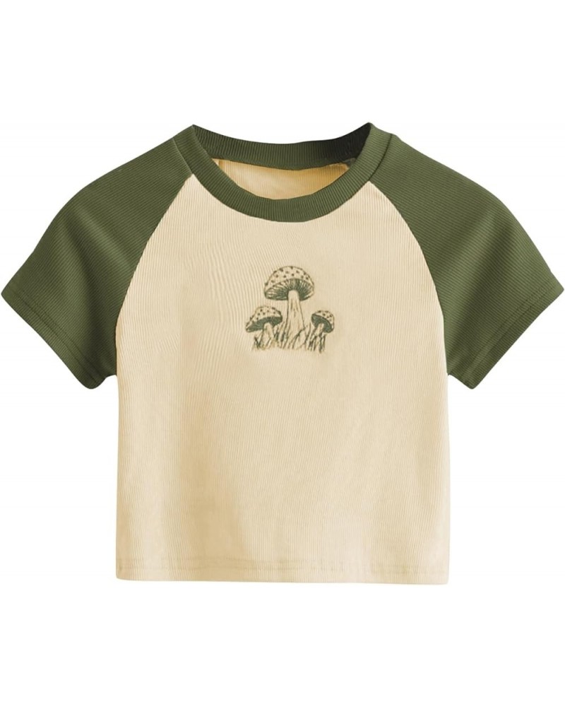 Women's Graphic Print Round Neck T Shirt Short Sleeve Crop Tee Tops Green Beige $14.69 T-Shirts