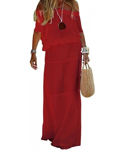 Women's Summer Off Shoulder Ruffle Linen Dress Short Sleeve Mid Rise Beach Boho Long Maxi Dress Red $15.45 Dresses