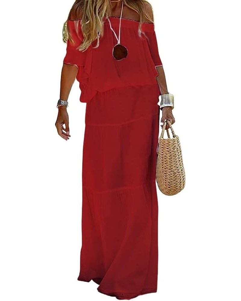 Women's Summer Off Shoulder Ruffle Linen Dress Short Sleeve Mid Rise Beach Boho Long Maxi Dress Red $15.45 Dresses