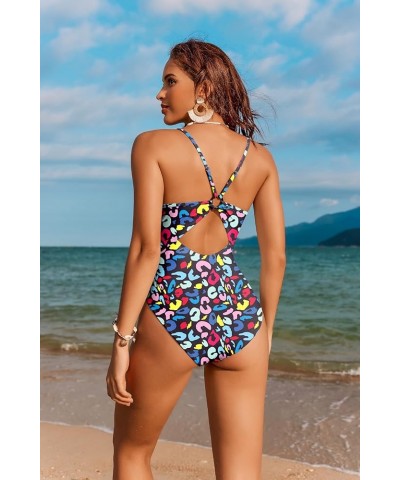 Women's One Piece Swimsuit High Cut Bathing Suits Cutout Back Adjustable Straps Swimwear with O Ring Colorful Leopard Print $...