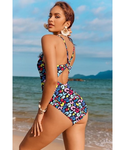 Women's One Piece Swimsuit High Cut Bathing Suits Cutout Back Adjustable Straps Swimwear with O Ring Colorful Leopard Print $...