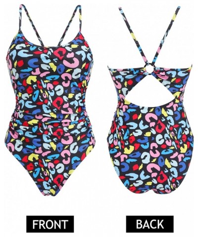 Women's One Piece Swimsuit High Cut Bathing Suits Cutout Back Adjustable Straps Swimwear with O Ring Colorful Leopard Print $...