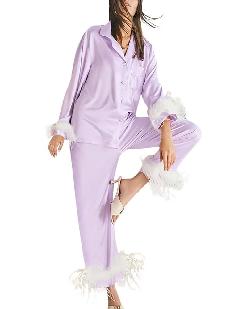 Silk Pajamas for Women Pants Set Pajama Sets Shorts And Long Sleeve Pajama Shorts for Women 2-purple $22.32 Sleep & Lounge