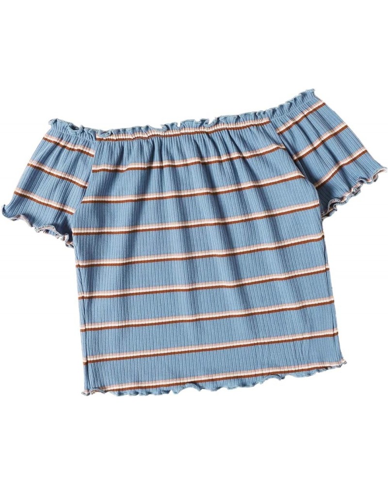 Women's Off Shoulder Frill Trim Short Sleeve Tee Shirt Crop Tee Top Blue Striped $13.67 T-Shirts