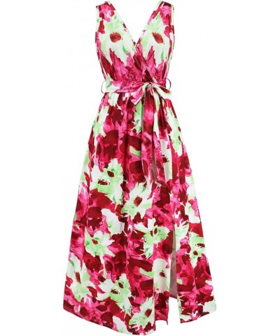 Women Sling Dress, Sleeveless Backless Tie-up Flower Print Slit Midi Dress for Party 117605-red $10.91 Dresses