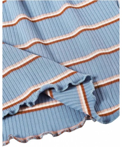 Women's Off Shoulder Frill Trim Short Sleeve Tee Shirt Crop Tee Top Blue Striped $13.67 T-Shirts