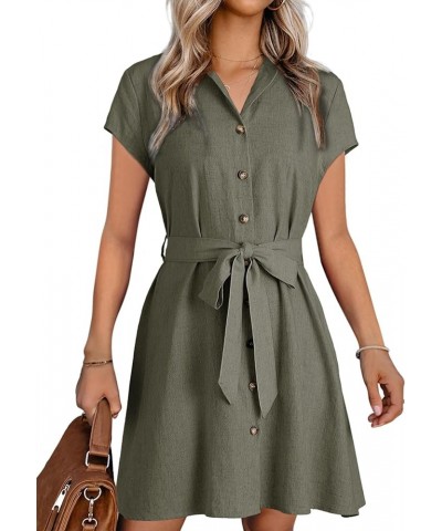 Womens Dresses Button-Down Short Sleeve Empire Waist Casual Vacation Mini Dresses with Belt Green $14.35 Dresses