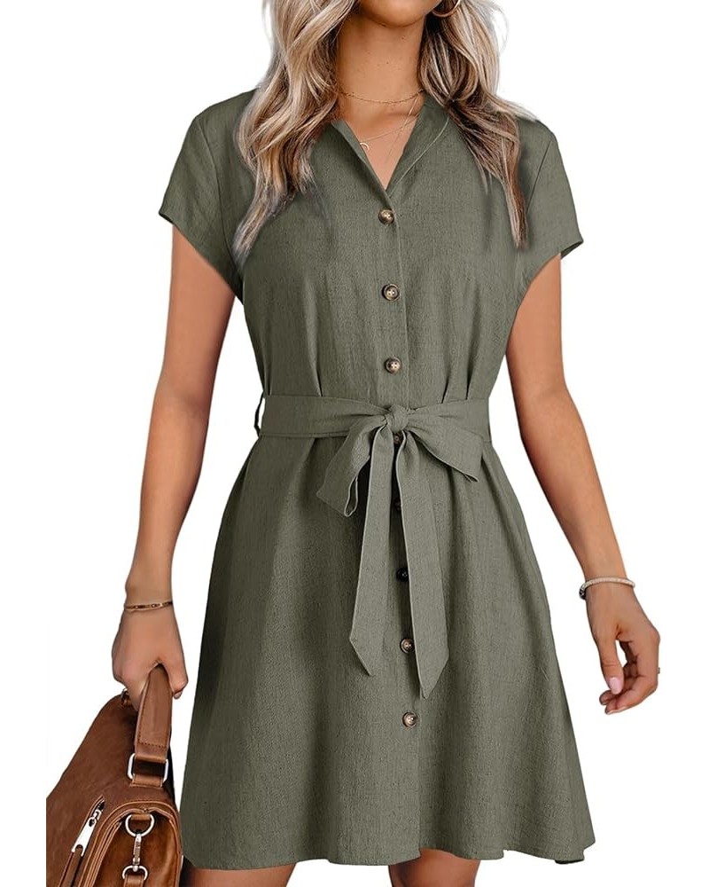 Womens Dresses Button-Down Short Sleeve Empire Waist Casual Vacation Mini Dresses with Belt Green $14.35 Dresses