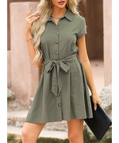 Womens Dresses Button-Down Short Sleeve Empire Waist Casual Vacation Mini Dresses with Belt Green $14.35 Dresses