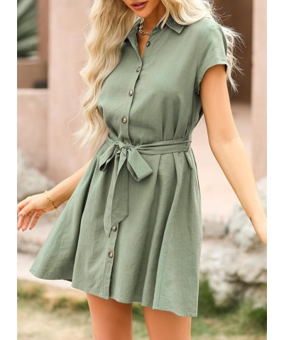 Womens Dresses Button-Down Short Sleeve Empire Waist Casual Vacation Mini Dresses with Belt Green $14.35 Dresses