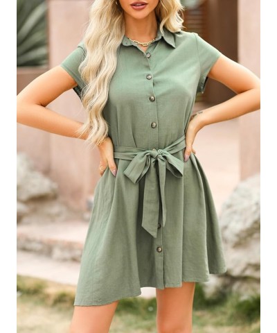 Womens Dresses Button-Down Short Sleeve Empire Waist Casual Vacation Mini Dresses with Belt Green $14.35 Dresses