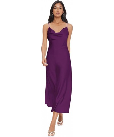 Women's Spaghetti Strap Cowl Neck Long Slip Satin Silk Midi Dress Deep Purple $19.27 Lingerie