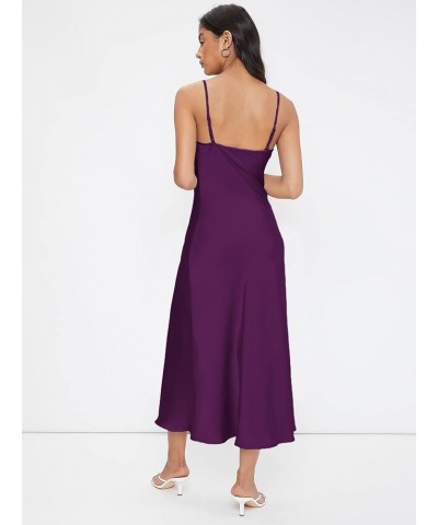 Women's Spaghetti Strap Cowl Neck Long Slip Satin Silk Midi Dress Deep Purple $19.27 Lingerie