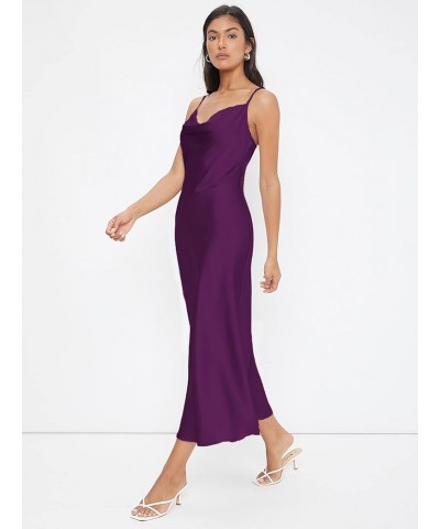 Women's Spaghetti Strap Cowl Neck Long Slip Satin Silk Midi Dress Deep Purple $19.27 Lingerie