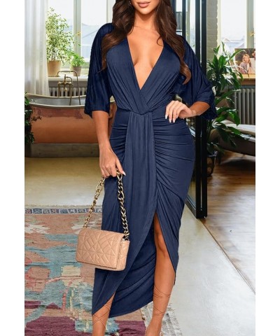 Women's Sexy Deep V Neck Dress Front Split Half Sleeve Ruched Elegant Party Maxi Dress Navy Blue $13.64 Dresses