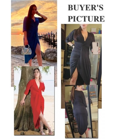 Women's Sexy Deep V Neck Dress Front Split Half Sleeve Ruched Elegant Party Maxi Dress Navy Blue $13.64 Dresses