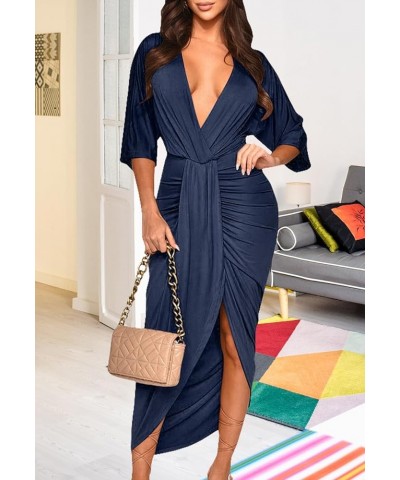 Women's Sexy Deep V Neck Dress Front Split Half Sleeve Ruched Elegant Party Maxi Dress Navy Blue $13.64 Dresses